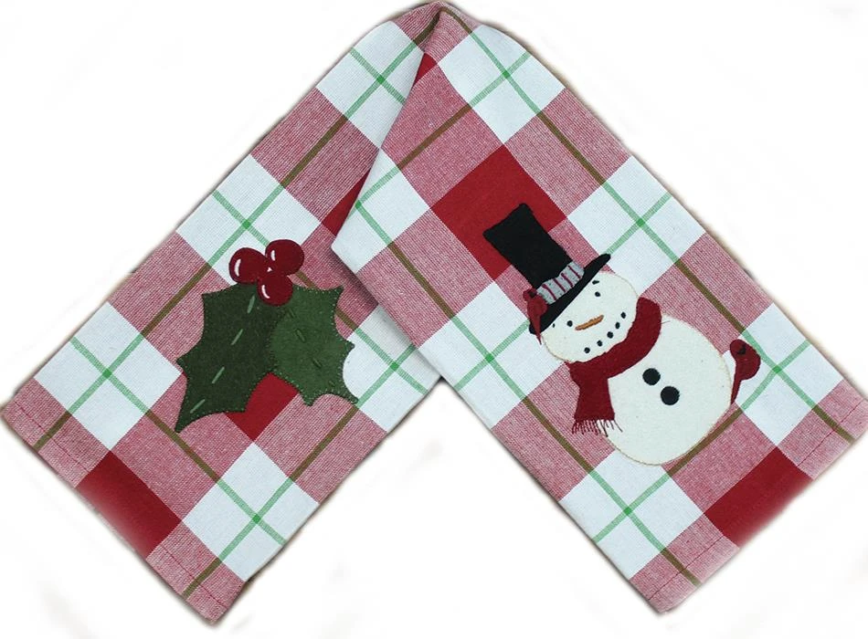 Holly, Snowman Buffalo Check Towels - Red Set Of 2 1 Holly, Snowman Buffalo Check Towels - Red Set Of 2