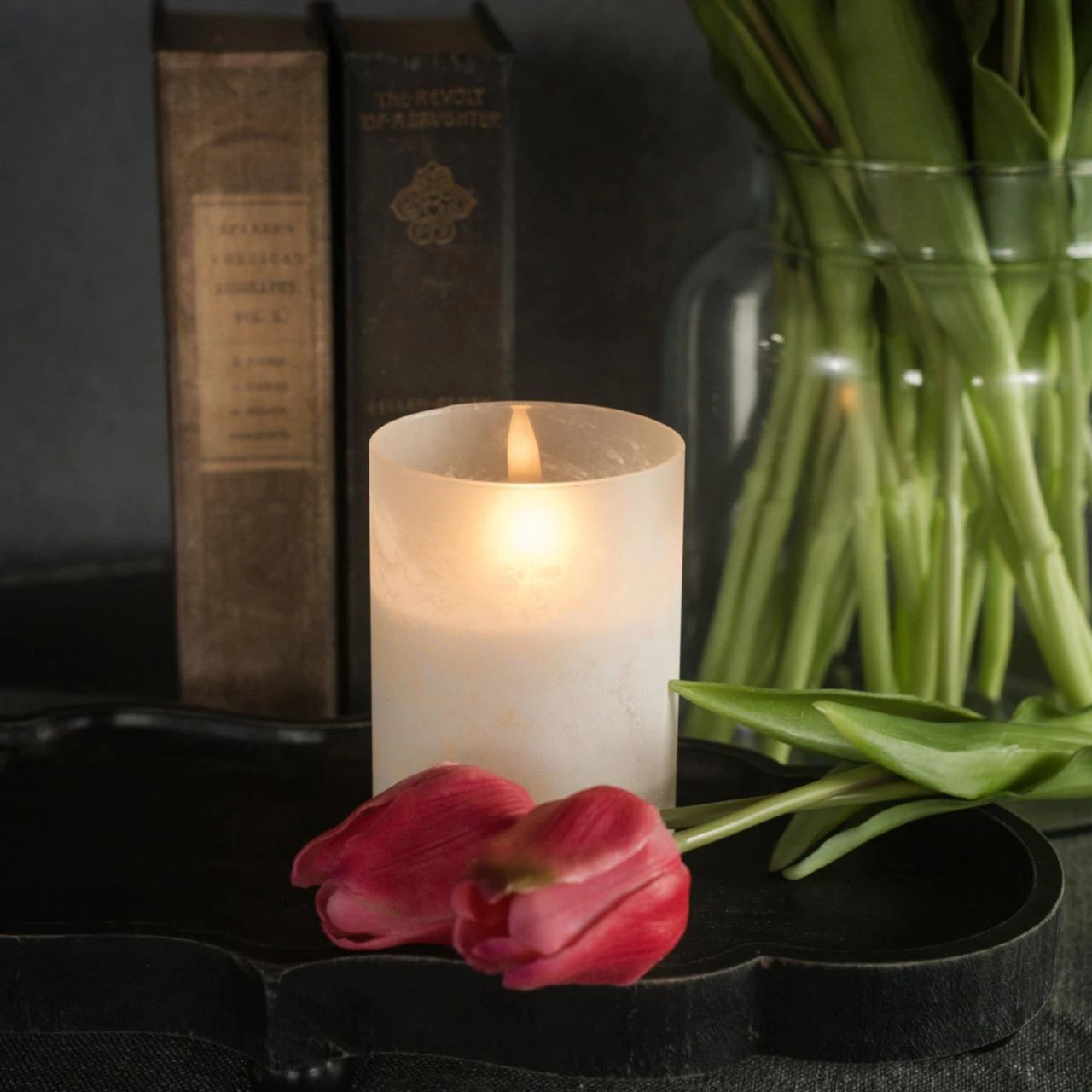 White Timer Candle - 4" Frosted Glass Pillar 3D Flame 2 White Timer Candle - 4" Frosted Glass Pillar 3D Flame - Image 2