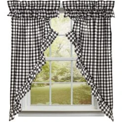 Annie Buffalo Check Black Prairie Gathered Curtains - Ruffled 72x63