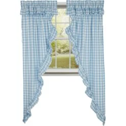 Annie Buffalo Check Blue Prairie Gathered Curtains - Ruffled 72x84