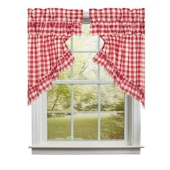 Annie Buffalo Check Red Prairie Gathered Curtains - Ruffled 72x36