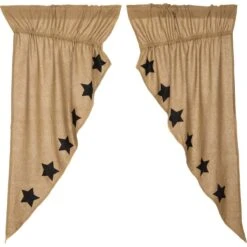 Alternative view of Burlap Natural Black Stars Prairie Gathered Curtains - 72x63