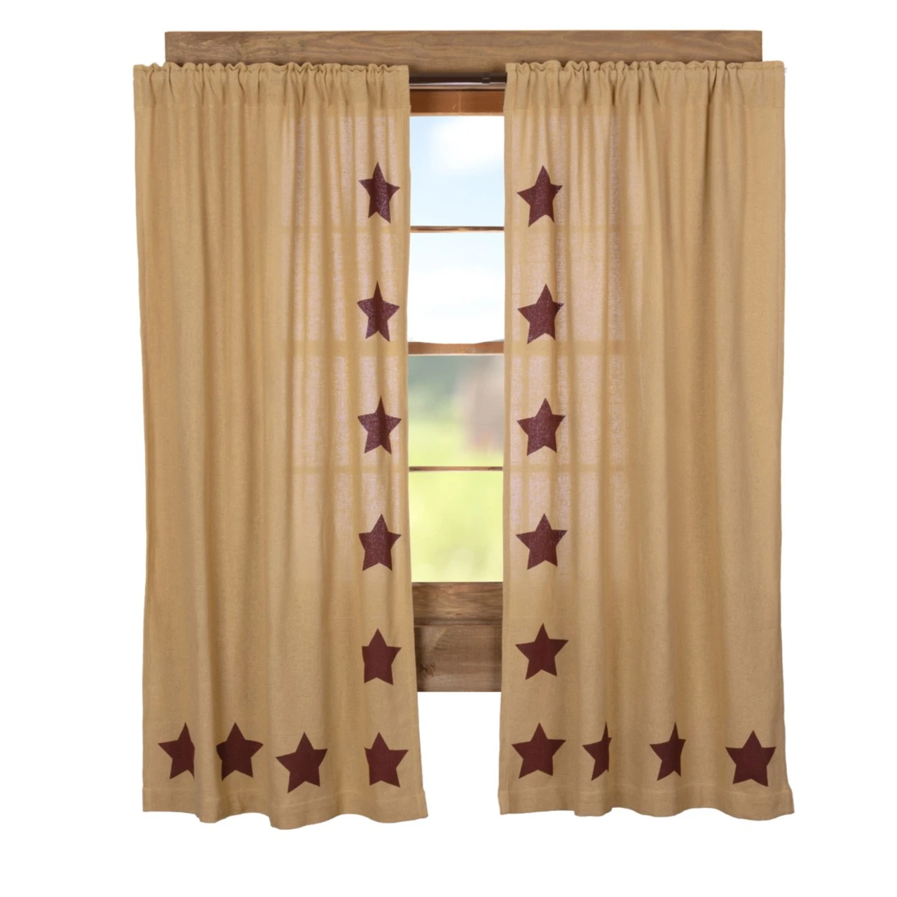 Burlap Natural Burgundy Stars Panels - 72x63 1 Burlap Natural Burgundy Stars Panels - 72x63