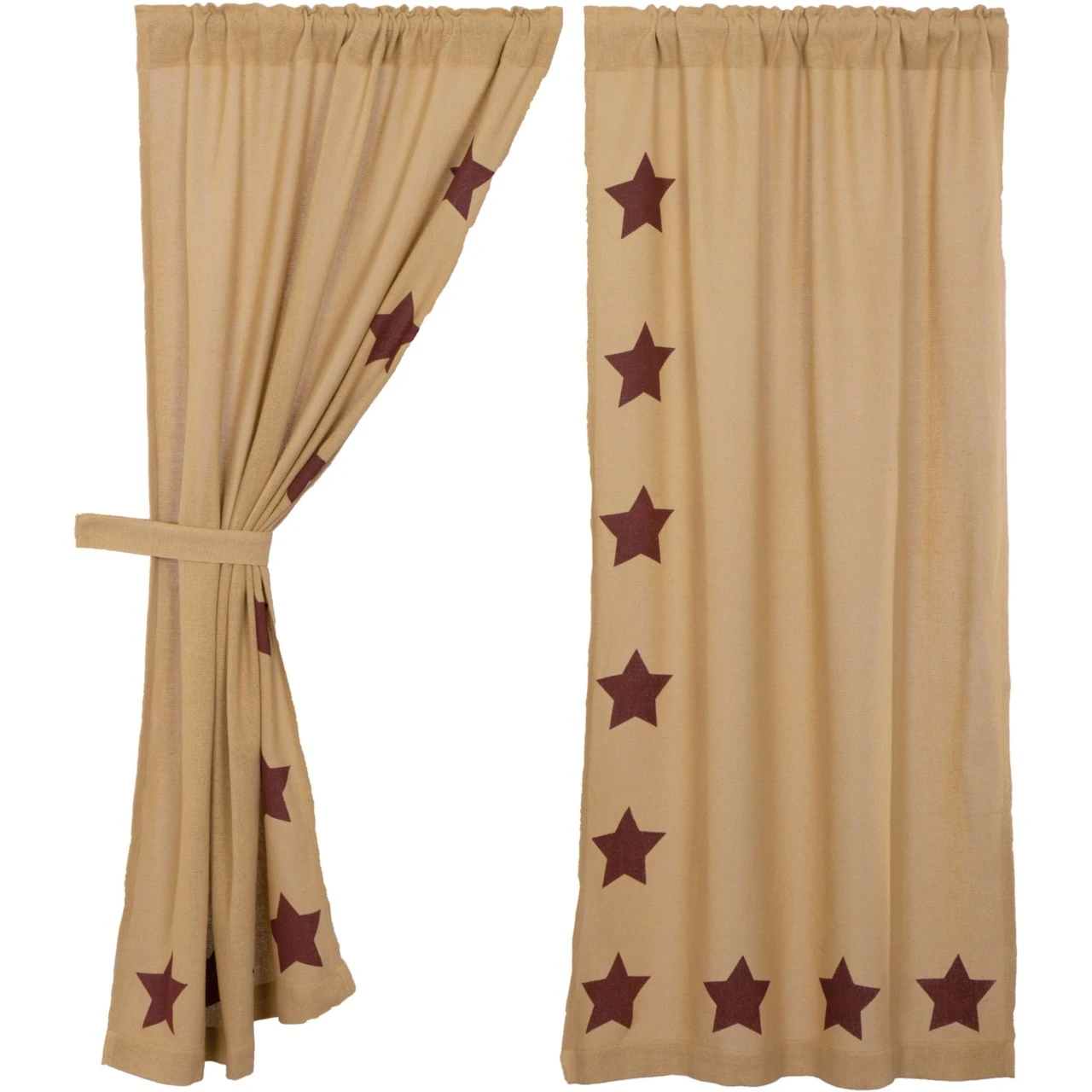 Burlap Natural Burgundy Stars Panels - 72x63 2 Burlap Natural Burgundy Stars Panels - 72x63 - Image 2