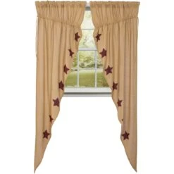 Burlap Natural Burgundy Stars Prairie Gathered Curtains - 72x84