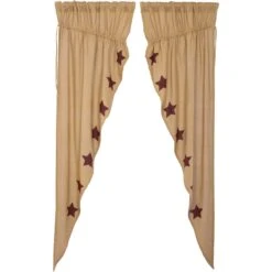 Alternative view of Burlap Natural Burgundy Stars Prairie Gathered Curtains - 72x84