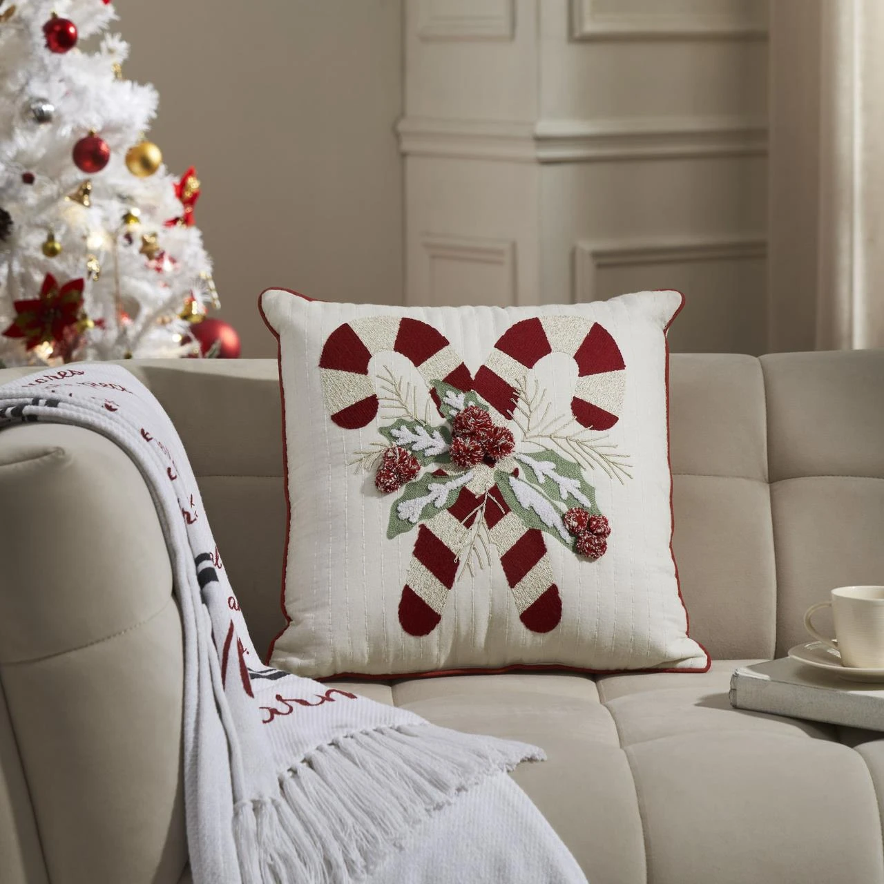 Candy Cane & Holly Pillow - 18x18 2 Candy Cane & Holly Pillow - 18x18 - Image 2