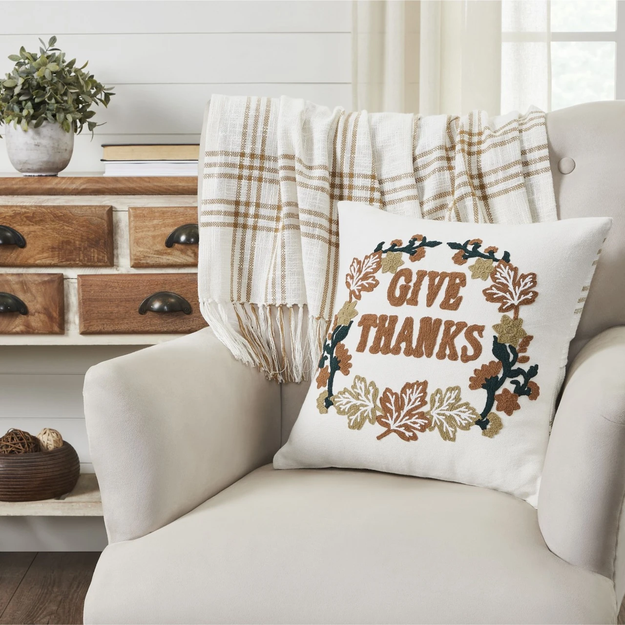 Wheat Plaid Give Thanks Pillow - 18x18 2 Wheat Plaid Give Thanks Pillow - 18x18 - Image 2